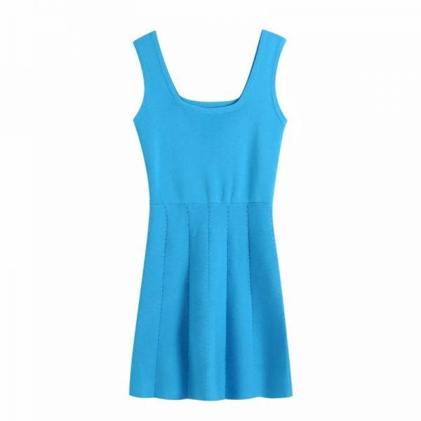 Summer Women Blue Knitted Slim Mini Vest Dress Female Sleeveless Clothes Leisure Lady Vestido D7920