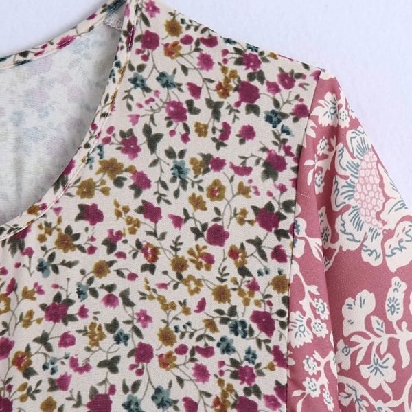 Women Vintage Floral Print Tiered Ruffle Splicing Midi Dress Female Nine Quarter Sleeve Clothes Leisure Lady Loose Vestido D8057