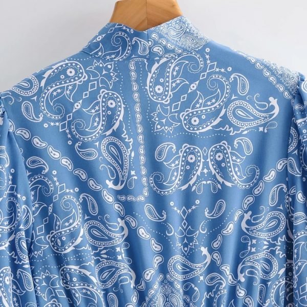 Hot Sale Women Paisley Printing V Neck Bow Tie Midi Dress Female Long Sleeve Clothes Casual Lady Loose Vestido D8259