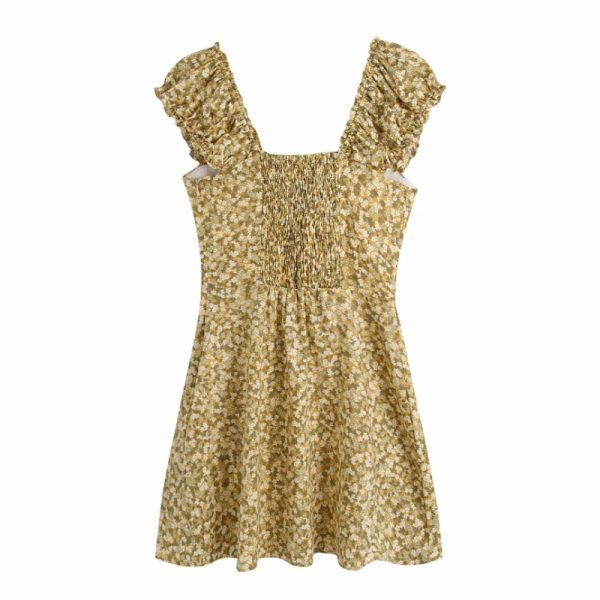 Summer Women Floral Print Square Collar Slim Mini Dress Female Short Sleeve Clothes Casual Lady Vestido D7800