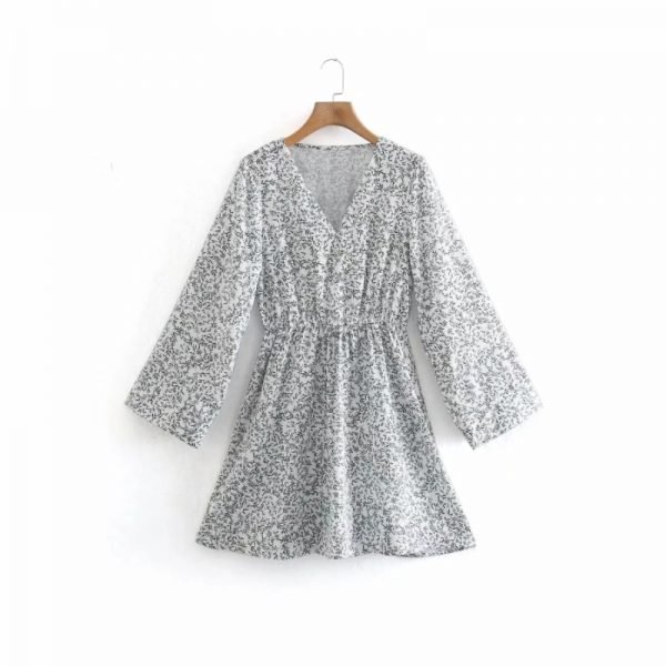 Summer Women Digital Printing V Neck Mini Shirt Dress Female Long Sleeve Clothes Casual Lady Loose Vestido D7857