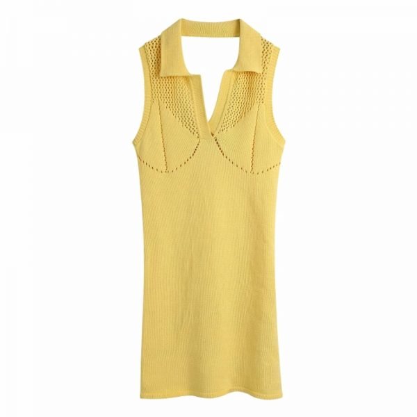 Hot Sale Women Hollow Decoration Knitted Backless Mini Dress Female Sleeveless Clothes Casual Lady Slim Vestido D8381